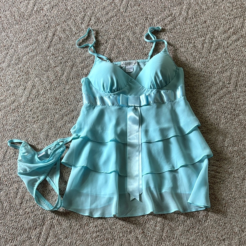 Tiered Chiffon Babydoll Chemise in Light Aqua with Satin Tie
